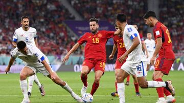 DOHA, QATAR - NOVEMBER 23: Jordi Alba of Spain is fouled by Oscar Duarte of Costa Rica resulting in a penalty during the FIFA World Cup Qatar 2022 Group E match between Spain and Costa Rica at Al Thumama Stadium on November 23, 2022 in Doha, Qatar. (Photo by Stu Forster/Getty Images)