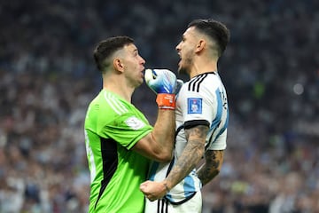 LUSAIL CITY, QATAR - DECEMBER 18: Leandro Paredes of Argentina celebrates with Emiliano Martinez after scoring the team's third penalty in the penalty shoot out during the FIFA World Cup Qatar 2022 Final match between Argentina and France at Lusail Stadium on December 18, 2022 in Lusail City, Qatar. (Photo by Maja Hitij - FIFA/FIFA via Getty Images)