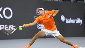 FRISCO, TEXAS - FEBRUARY 10: Rafael Jodar of Spain plays a shot against Denis Shapovalov of Canada in the Men's Singles Round of 32 match during day two of the 2026 Dallas Open at The Ford Center at The Star on February 10, 2026 in Frisco, Texas. Sam Hodde/Getty Images/AFP (Photo by Sam Hodde / GETTY IMAGES NORTH AMERICA / Getty Images via AFP)