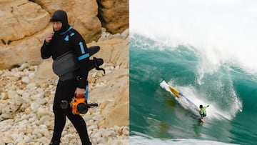 Tino, fotógrafo de surf de olas gigantes; y Xabi Lopez sufriendo un wipeout en La Vaca Gigante 2024-2025.