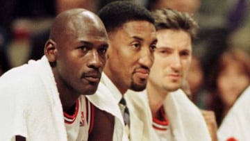 Michael Jordan (left) and Scottie Pippen (centre) during the Bulls&#039; heyday