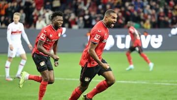 LEVERKUSEN, GERMANY - NOVEMBER 12: Jonathan Tah of Bayer 04 Leverkusen celebrates after scoring their second side goal during the Bundesliga match between Bayer 04 Leverkusen and VfB Stuttgart at BayArena on November 12, 2022 in Leverkusen, Germany. (Photo by Christof Koepsel/Getty Images)