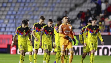 AME6589. PACHUCA (MÉXICO), 18/01/2026.- Jugadores de América reaccionan este domingo, al termino del partido del torneo Clausura 2026 de la Liga MX entre Pachuca y América en el estadio Hidalgo de la ciudad de Pachuca, Hidalgo (México). EFE /David Martínez Pelcastre