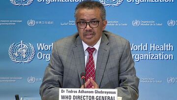 (FILES) In this file photo taken on March 30, 2020 a TV grab taken from the World Health Organization website shows WHO Chief Tedros Adhanom Ghebreyesus via video link as he delivers a news briefing on COVID-19 (novel coronavirus) from the WHO headquarters in Geneva. - The World Health Organization chief said late November 1, 2020, that he was self-quarantining after someone he had been in contact with tested positive for Covid-19, but stressed he had no symptoms. (Photo by - / AFP)