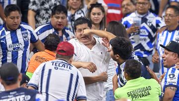 Fans or Hobbies in the beginning of Bronca during the semifinals second leg match between Monterrey and Columbus Crew as part of the CONCACAF Champions Cup 2024, at BBVA Bancomer Stadium on May 01, 2024 in Monterrey, Nuevo Leon, Mexico.