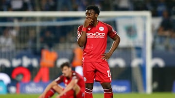 Soccer Football - Bundesliga - VfL Bochum v Arminia Bielefeld - Ruhrstadion, Bochum, Germany - May 6, 2022  Arminia Bielefeld&#039;s George Bello looks dejected after the match REUTERS/Thilo Schmuelgen DFL REGULATIONS PROHIBIT ANY USE OF PHOTOGRAPHS AS IM