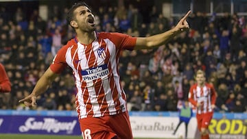 Diego Costa celebra su gol al Lleida en su reestreno con el Atlético.