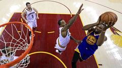 Jun 7, 2017; Cleveland, OH, USA; Golden State Warriors forward Kevin Durant (35) shoots the ball against Cleveland Cavaliers guard JR Smith (5) in game three of the 2017 NBA Finals at Quicken Loans Arena. Mandatory Credit: Ronald Martinez/Pool Photo via USA TODAY Sports