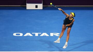 DOHA, QATAR - MARCH 04: Garbine Muguruza of Spain serves in her Quarter-Final singles match against Maria Sakkari of Greece during Day Four of the Qatar Total Open 2021 at Khalifa International Tennis and Squash Complex on March 04, 2021 in Doha, Qatar. (Photo by Mohamed Farag/Getty Images)
