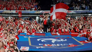 Denmark supporters cheer after their team won the  UEFA Nations League - League A Group 1 first leg football match between France and Denmark at the Stade de France in Saint-Denis, north of Paris, on June 3, 2022. (Photo by Geoffroy Van der Hasselt / AFP)