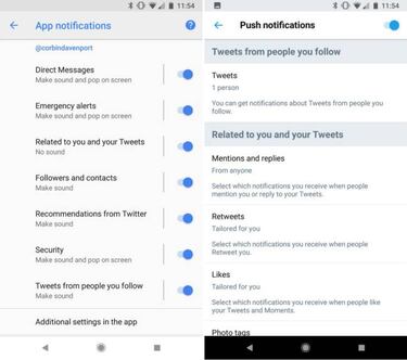 Twitter añade funciones para el canal de notificaciones de Android 8