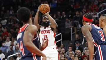 Oct 30, 2019; Washington, DC, USA; Houston Rockets guard James Harden (13) shoots the ball as Washington Wizards guard Bradley Beal (3) looks on in the first quarter at Capital One Arena. Mandatory Credit: Geoff Burke-USA TODAY Sports