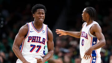 BOSTON, MA - OCTOBER 22: VJ Edgecombe #77 of the Philadelphia 76ers reacts after a basket in the third quarter of the game against the Boston Celtics at TD Garden on October 22, 2025 in Boston, Massachusetts. NOTE TO USER: User expressly acknowledges and agrees that, by downloading and or using this photograph, User is consenting to the terms and conditions of the Getty Images License Agreement. Adam Glanzman/Getty Images/AFP (Photo by Adam Glanzman / GETTY IMAGES NORTH AMERICA / Getty Images via AFP)