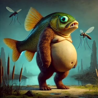 Animal de los pantanos, cabeza de pez y cuerpo de primate con tripa gorda. 