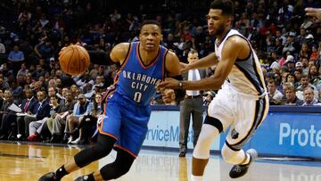 MEMPHIS, TN - APRIL 05: Russell Westbrook #0 of the Oklahoma City Thunder dribbles against the Memphis Grizzlies during the second half of a 103-100 Oklahoma City Thunder victory at FedExForum on April 5, 2017 in Memphis, Tennessee. NOTE TO USER: User expressly acknowledges and agrees that, by downloading and or using this photograph, User is consenting to the terms and conditions of the Getty Images License Agreement.   Frederick Breedon/Getty Images/AFP
 == FOR NEWSPAPERS, INTERNET, TELCOS &amp; TELEVISION USE ONLY ==