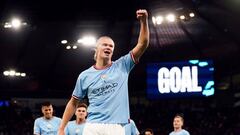 Manchester City's Erling Haaland celebrates scoring the opening goal during the UEFA Champions League Group G match at the Etihad Stadium, Manchester. Erling Haalands double against FC Copenhagen on Wednesday saw him match Lionel Messi for the longest scoring run under Pep Guardiolas management. Picture date: Wednesday October 5, 2022. (Photo by Nick Potts/PA Images via Getty Images)