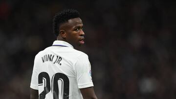 MADRID, SPAIN - JANUARY 29: Vinicius Junior of Real Madrid looks on during the LaLiga Santander match between Real Madrid CF and Real Sociedad at Estadio Santiago Bernabeu on January 29, 2023 in Madrid, Spain. (Photo by Denis Doyle/Getty Images)