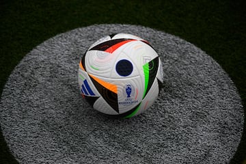 The official ball is pictured on November 15, 2023 in front of the Olympic Stadium in Berlin, Germany, during an event organised by sports equipment maker Adidas to present the official ball for the 2024 UEFA European Football Championship. (Photo by Tobias SCHWARZ / AFP)