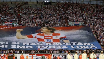 Soccer Football - UEFA Nations League - Group A - Croatia v France - Stadion Poljud, Split, Croatia - June 6, 2022 Croatia fans with a large banner in support of Luka Modric inside the stadium before the match REUTERS/Antonio Bronic