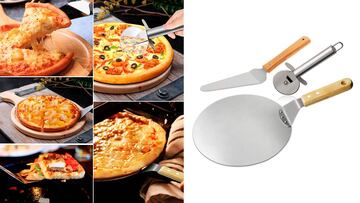Tenemos el set con bandejas para pizza y cortador que es superventas en Amazon