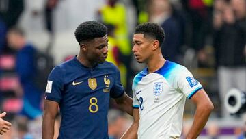 AL KHOR, QATAR - DECEMBER 10: Aurelien Tchouameni of France and Jude Bellingham of England looks on after the FIFA World Cup Qatar 2022 quarter final match between England and France at Al Bayt Stadium on December 10, 2022 in Al Khor, Qatar. (Photo by Ulrik Pedersen/DeFodi Images via Getty Images)