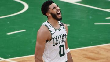 May 18, 2021; Boston, Massachusetts, USA;  Boston Celtics forward Jayson Tatum (0) reacts after making a three point basket during the second half against the Washington Wizards at TD Garden. Mandatory Credit: Bob DeChiara-USA TODAY Sports