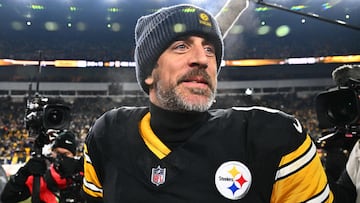 PITTSBURGH, PENNSYLVANIA - JANUARY 04: Aaron Rodgers #8 of the Pittsburgh Steelers looks on after defeating the Baltimore Ravens at Acrisure Stadium on January 04, 2026 in Pittsburgh, Pennsylvania. Joe Sargent/Getty Images/AFP (Photo by Joe Sargent / GETTY IMAGES NORTH AMERICA / Getty Images via AFP)
