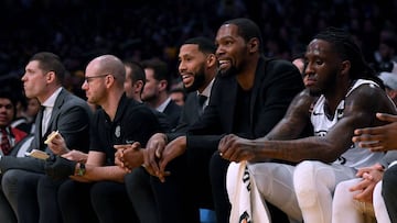 LOS ANGELES, CALIFORNIA - MARCH 10: Kevin Durant #7 of the Brooklyn Nets smiles during the first half against the Los Angeles Lakers at Staples Center on March 10, 2020 in Los Angeles, California.   Harry How/Getty Images/AFP NOTE TO USER: User expressly acknowledges and agrees that, by downloading and or using this photograph, User is consenting to the terms and conditions of the Getty Images License Agreement.
 == FOR NEWSPAPERS, INTERNET, TELCOS &amp; TELEVISION USE ONLY ==