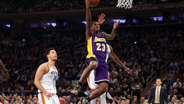 Feb 6, 2017; New York, NY, USA; Los Angeles Lakers shooting guard Louis Williams (23) drives against New York Knicks center Willy Hernangomez (14) during the first quarter at Madison Square Garden. Mandatory Credit: Brad Penner-USA TODAY Sports