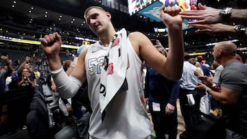 DENVER, COLORADO - MAY 15: Nikola Jokic #15 of the Denver Nuggets greets fans after defeating the Oklahoma City Thunder 119-107 in Game Six of the Western Conference Second Round NBA Playoffs at Ball Arena on May 15, 2025 in Denver, Colorado. NOTE TO USER: User expressly acknowledges and agrees that, by downloading and or using this photograph, User is consenting to the terms and conditions of the Getty Images License Agreement Matthew Stockman/Getty Images/AFP (Photo by MATTHEW STOCKMAN / GETTY IMAGES NORTH AMERICA / Getty Images via AFP)