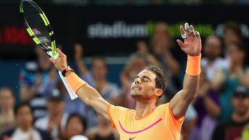 BRISBANE, AUSTRALIA - JANUARY 03: Rafael Nadal of Spain celebrates winning his match against Alexandr Dolgopolov of Ukraine on day three of the 2017 Brisbane International at Pat Rafter Arena on January 3, 2017 in Brisbane, Australia. (Photo by Chris Hyde/Getty Images)