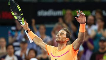 BRISBANE, AUSTRALIA - JANUARY 03:  Rafael Nadal of Spain celebrates winning his match against Alexandr Dolgopolov of Ukraine on day three of the 2017 Brisbane International at Pat Rafter Arena on January 3, 2017 in Brisbane, Australia.  (Photo by Chris Hyde/Getty Images)