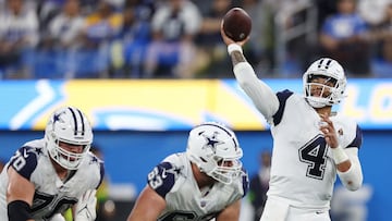 INGLEWOOD, CALIFORNIA - OCTOBER 16: Dak Prescott #4 of the Dallas Cowboys throws the ball in the first half against the Los Angeles Chargers at SoFi Stadium on October 16, 2023 in Inglewood, California.   Harry How/Getty Images/AFP (Photo by Harry How / GETTY IMAGES NORTH AMERICA / Getty Images via AFP)