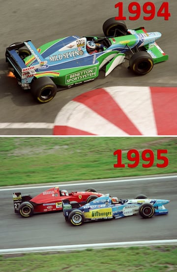 Michael Schumacher obtuvo en 1994, año del fallecimiento de Senna, el primero de sus siete títulos con el Benetton-Ford B194, pero fue Williams quien se hizo con el título de constructores. El piloto alemán ganaría por un solo punto de ventaja sobre el británico Damon Hill, después de golpear el coche de su rival, debiendo abandonar la carrera ambos pilotos en el Gran Premio de Australia. En 1995 revalidó el título mundial por última vez al volante de un Benetton-Renault con el B195, ya que el año siguiente fue contratado por el equipo Ferrari. En la imagen por delante del Ferrari del francés Jean Alesi.