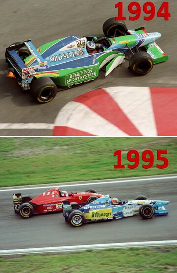 Michael Schumacher obtuvo en 1994, año del fallecimiento de Senna, el primero de sus siete títulos con el Benetton-Ford B194, pero fue Williams quien se hizo con el título de constructores. El piloto alemán ganaría por un solo punto de ventaja sobre el británico Damon Hill, después de golpear el coche de su rival, debiendo abandonar la carrera ambos pilotos en el Gran Premio de Australia. En 1995 revalidó el título mundial por última vez al volante de un Benetton-Renault con el B195, ya que el año siguiente fue contratado por el equipo Ferrari. En la imagen por delante del Ferrari del francés Jean Alesi.