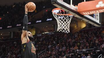 Apr 5, 2018; Cleveland, OH, USA; Cleveland Cavaliers forward LeBron James (23) slam dunks during the second half against the Washington Wizards at Quicken Loans Arena. Mandatory Credit: Ken Blaze-USA TODAY Sports     TPX IMAGES OF THE DAY