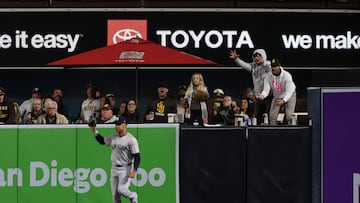 May 25, 2024; San Diego, California, USA; Fans react after New York Yankees right fielder Juan Soto (22) catches a fly ball from San Diego Padres second baseman Jake Cronenworth (9) in the sixth inning at Petco Park. Mandatory Credit: Chadd Cady-USA TODAY Sports