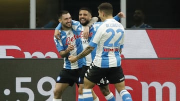 Soccer Football - Serie A - AC Milan v Napoli - San Siro, Milan, Italy - March 14, 2021 Napoli's Matteo Politano celebrates scoring their first goal with teammates REUTERS/Alessandro Garofalo