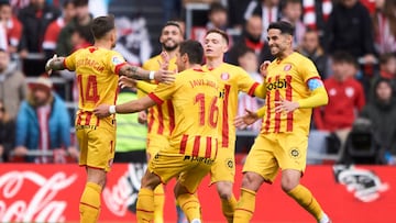 Aleix Garcia of Girona FC celebrates with his teammates after scoring goal during the La Liga match between Athletic Club and Girona FC played at San Mames Stadium on February 26, 2023 in Bilbao, Spain. (Photo by Cesar Ortiz / Pressinphoto / Icon Sport)