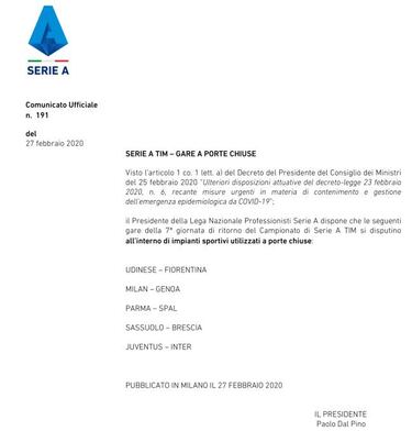 Oficial: Juve-Inter y otros cinco encuentros de Serie A, a puerta cerrada por el coronavirus