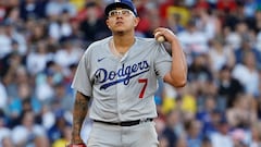 BOSTON, MA - AUGUST 26: Pitcher Julio Urias #7 of the Los Angeles Dodgers stands on the mound after giving up a three-run home run to the Boston Red Sox during the sixth inning at Fenway Park on August 26, 2023 in Boston, Massachusetts. (Photo By Winslow Townson/Getty Images) (Photo by Winslow Townson / GETTY IMAGES NORTH AMERICA / Getty Images via AFP)