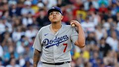 BOSTON, MA - AUGUST 26: Pitcher Julio Urias #7 of the Los Angeles Dodgers stands on the mound after giving up a three-run home run to the Boston Red Sox during the sixth inning at Fenway Park on August 26, 2023 in Boston, Massachusetts. (Photo By Winslow Townson/Getty Images) (Photo by Winslow Townson / GETTY IMAGES NORTH AMERICA / Getty Images via AFP)