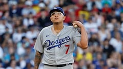 BOSTON, MA - AUGUST 26: Pitcher Julio Urias #7 of the Los Angeles Dodgers stands on the mound after giving up a three-run home run to the Boston Red Sox during the sixth inning at Fenway Park on August 26, 2023 in Boston, Massachusetts. (Photo By Winslow Townson/Getty Images) (Photo by Winslow Townson / GETTY IMAGES NORTH AMERICA / Getty Images via AFP)