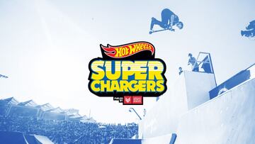 Cartel, con el logo y un rider de scooter, de las Hot Wheels Superchargers en la región Iberia (España y Portugal).