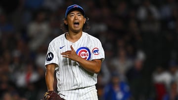 CHICAGO, ILLINOIS - SEPTEMBER 04: Shota Imanaga #18 of the Chicago Cubs reacts after striking out Jared Triolo of the Pittsburgh Pirates in the seventh inning at Wrigley Field on September 04, 2024 in Chicago, Illinois. Quinn Harris/Getty Images/AFP (Photo by Quinn Harris / GETTY IMAGES NORTH AMERICA / Getty Images via AFP)