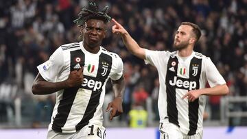 TURIN, ITALY - APRIL 06: Moise Kean of Juventus celebrates after scoring his team's second goal during the Serie A match between Juventus and AC Milan on April 06, 2019 in Turin, Italy. (Photo by Tullio M. Puglia/Getty Images)