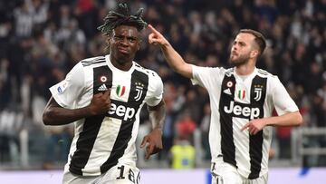 TURIN, ITALY - APRIL 06: Moise Kean of Juventus celebrates after scoring his team&#039;s second goal during the Serie A match between Juventus and AC Milan on April 06, 2019 in Turin, Italy. (Photo by Tullio M. Puglia/Getty Images)