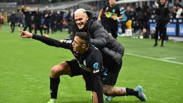 SAN SIRO STADIUM, MILANO, ITALY - 2022/05/06: Alexis Sanchez of FC Internazionale celebrates with Federico Dimarco after scoring the goal of 4-2 during the Serie A football match between FC Internazionale and Empoli FC. FC Internazionale won 4-2 over Empoli FC. (Photo by Andrea Staccioli/Insidefoto/LightRocket via Getty Images)