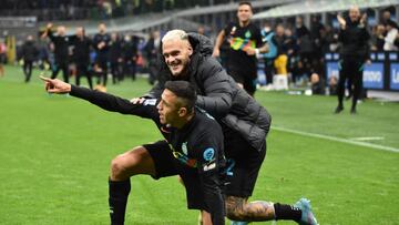 SAN SIRO STADIUM, MILANO, ITALY - 2022/05/06: Alexis Sanchez of FC Internazionale celebrates with Federico Dimarco after scoring the goal of 4-2 during the Serie A football match between FC Internazionale and Empoli FC. FC Internazionale won 4-2 over Empoli FC. (Photo by Andrea Staccioli/Insidefoto/LightRocket via Getty Images)