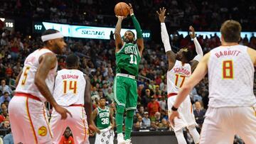 Nov 6, 2017; Atlanta, GA, USA; Boston Celtics guard Kyrie Irving (11) shoots a jump shot against the Atlanta Hawks during the second half at Philips Arena. Mandatory Credit: Dale Zanine-USA TODAY Sports